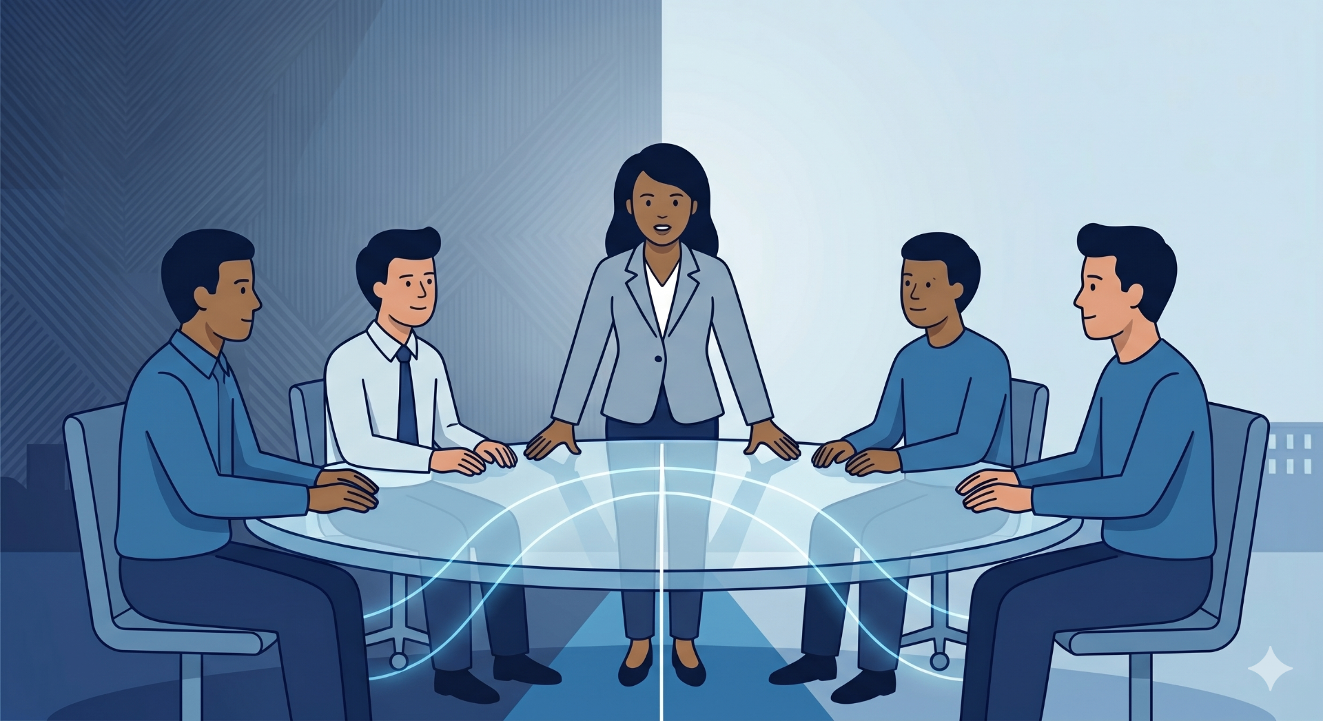 Équipe de médiation autour d'une table de négociation